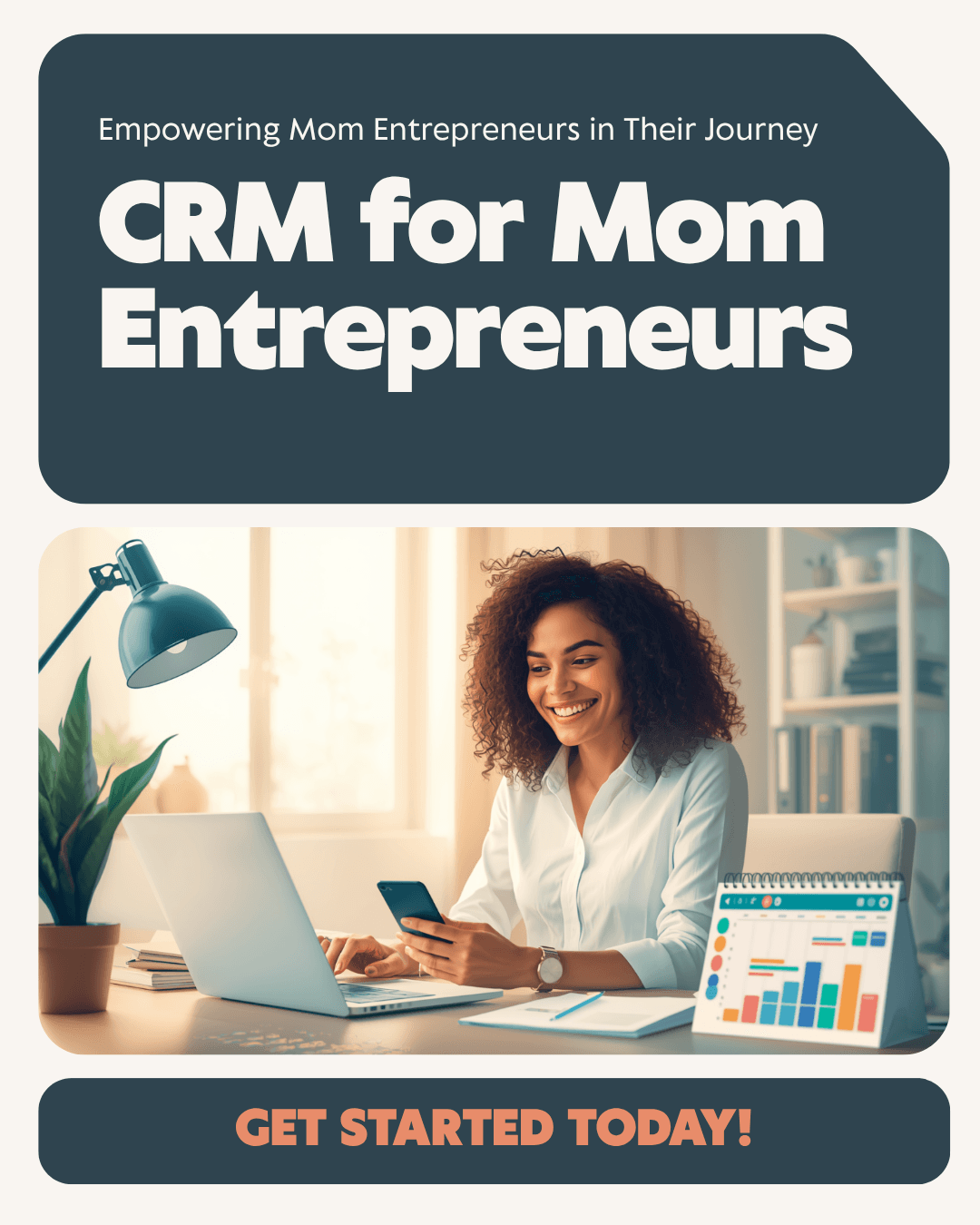 Mom entrepreneur using a CRM dashboard on her laptop to manage her business